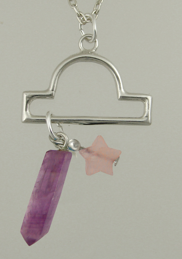 Sterling Silver Libra Pendant Necklace With an Amethyst Crystal And a Rose Quartz Star